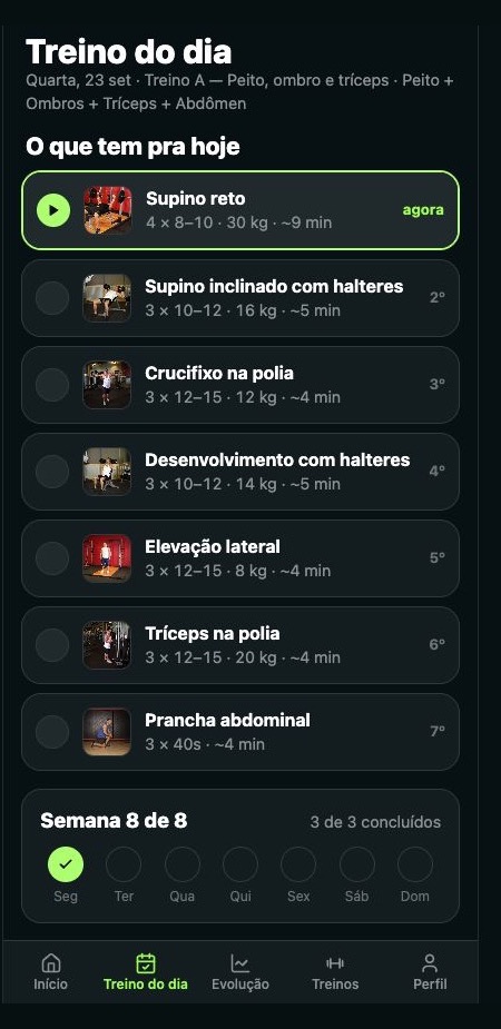 Tela real do Treino do dia no aplicativo do aluno